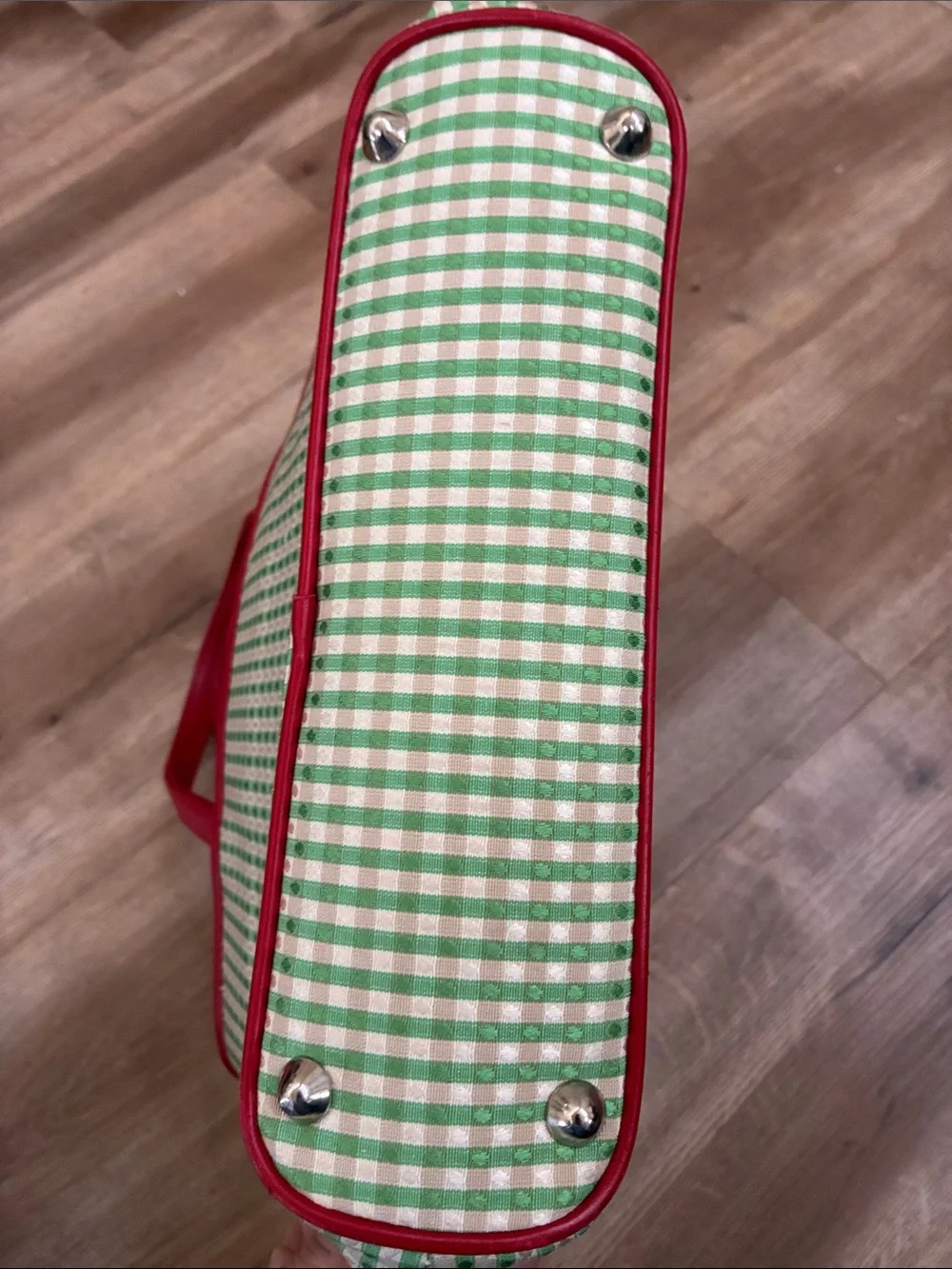 VINTAGE Isabella Fiore Red Leather&Green Gingham Bag w/ Floral&Fruit Embroidery